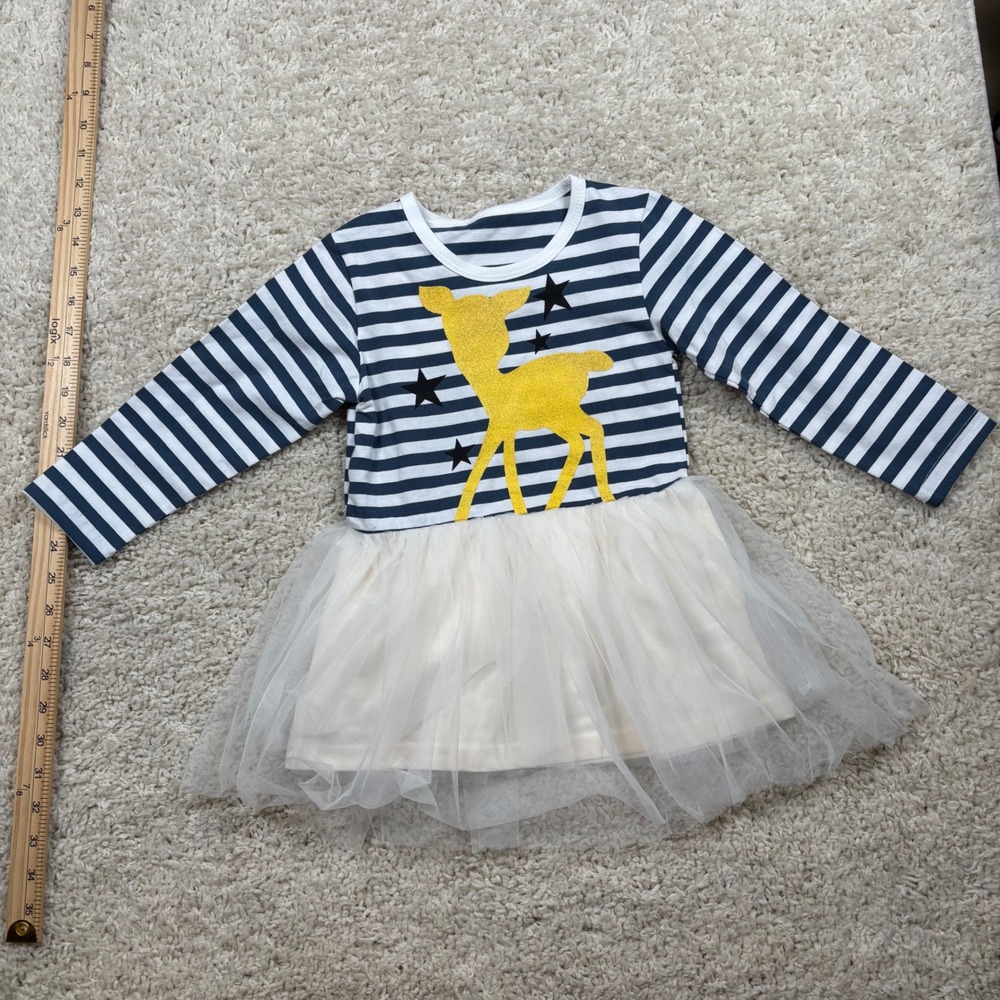 Gold Treasure Kids Girls 3T Navy White Stripe Deer Tulle Dress Long‎ Sleeve